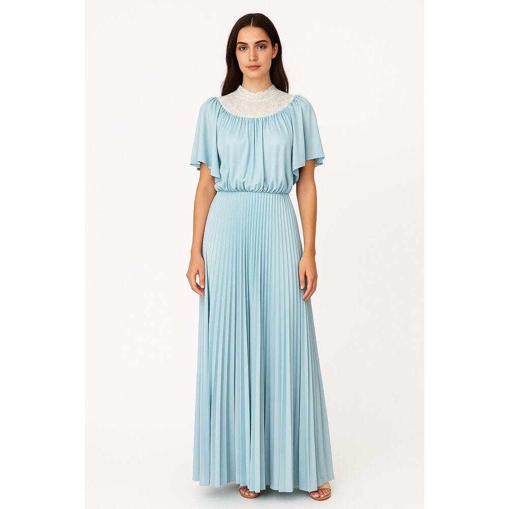 Vintage Powder Blue white Lace High Neck Flutter Sleeve Pleated Maxi Dress XS